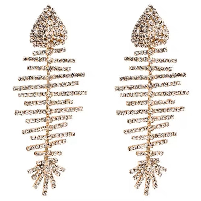 Rhinestones fish bone earrings