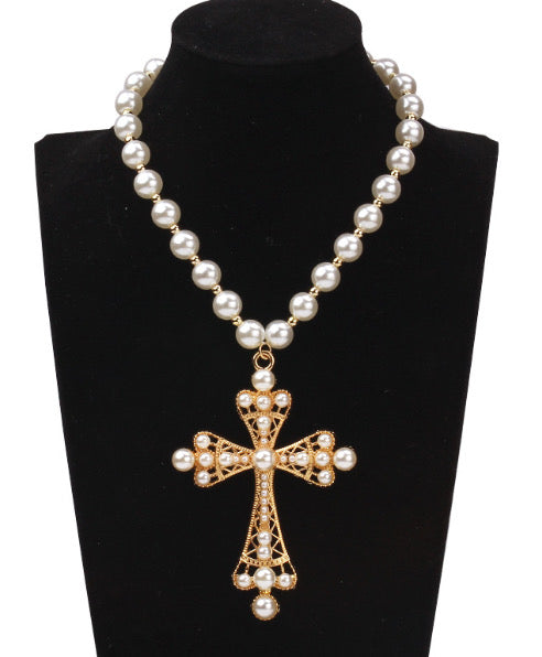 ★PEARLY MORE★ cross pearl necklace Pearl pearly cross necklace – Fancy Kouture